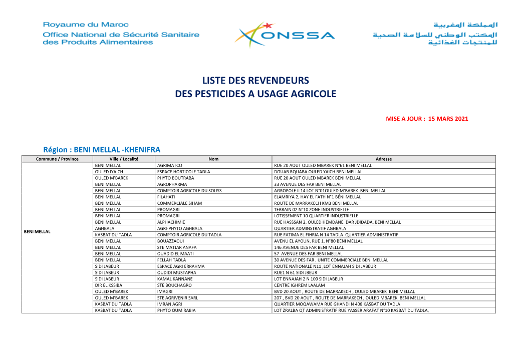 Liste Des Revendeurs Des Pesticides a Usage Agricole