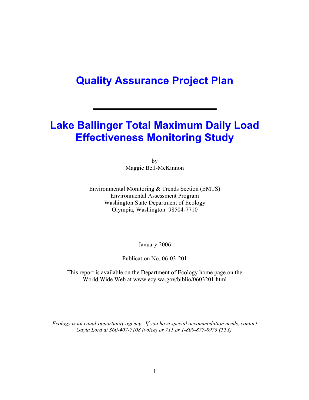 Quality Assurance Project Plan: Lake Ballinger Total Maximum Daily Load Effectiveness Monitoring Study