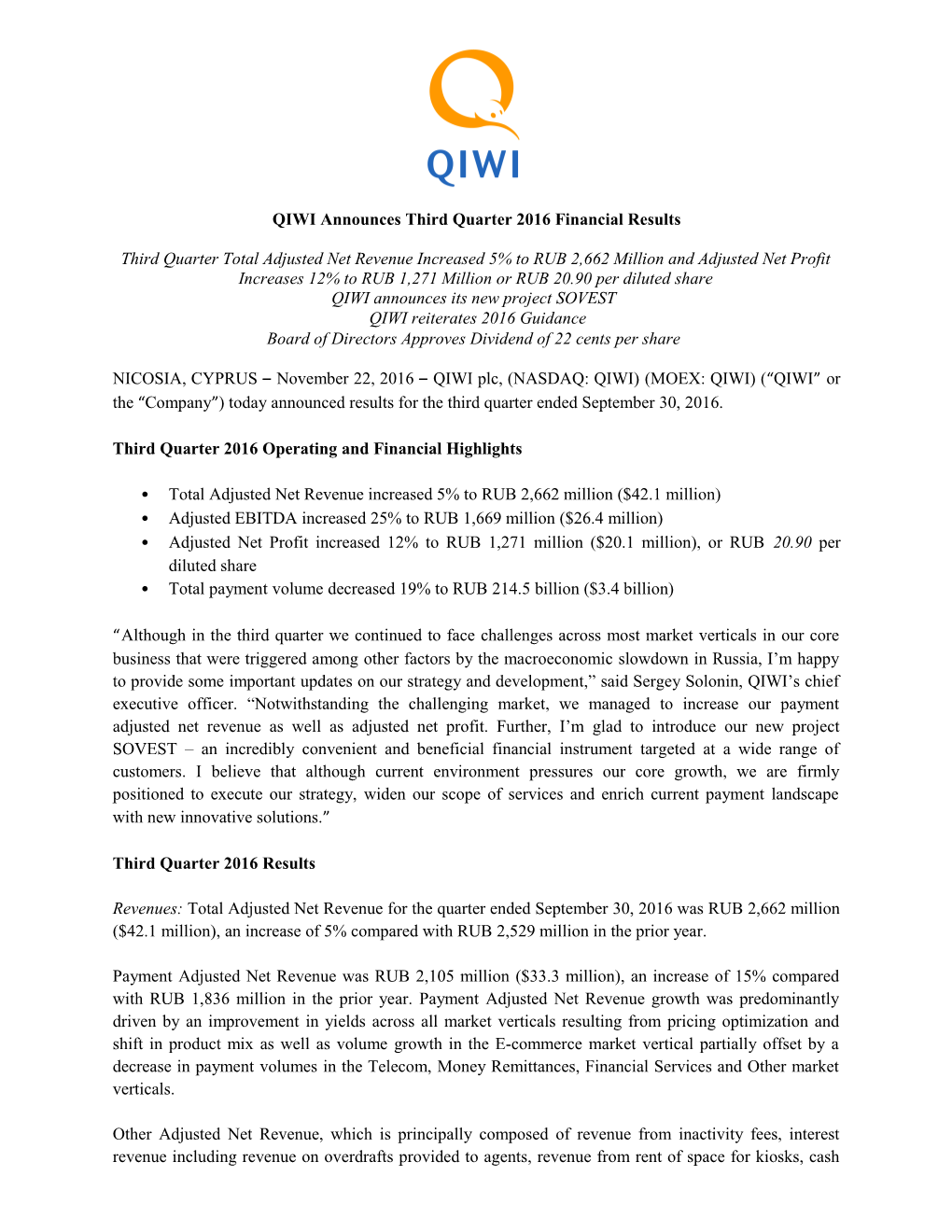 QIWI Announces Third Quarter 2016 Financial Results