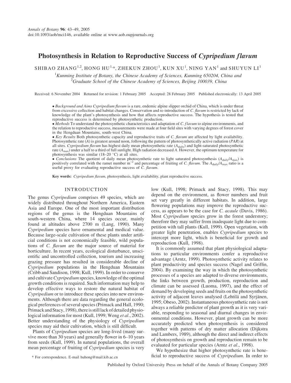Photosynthesis in Relation to Reproductive Success of Cypripedium Flavum