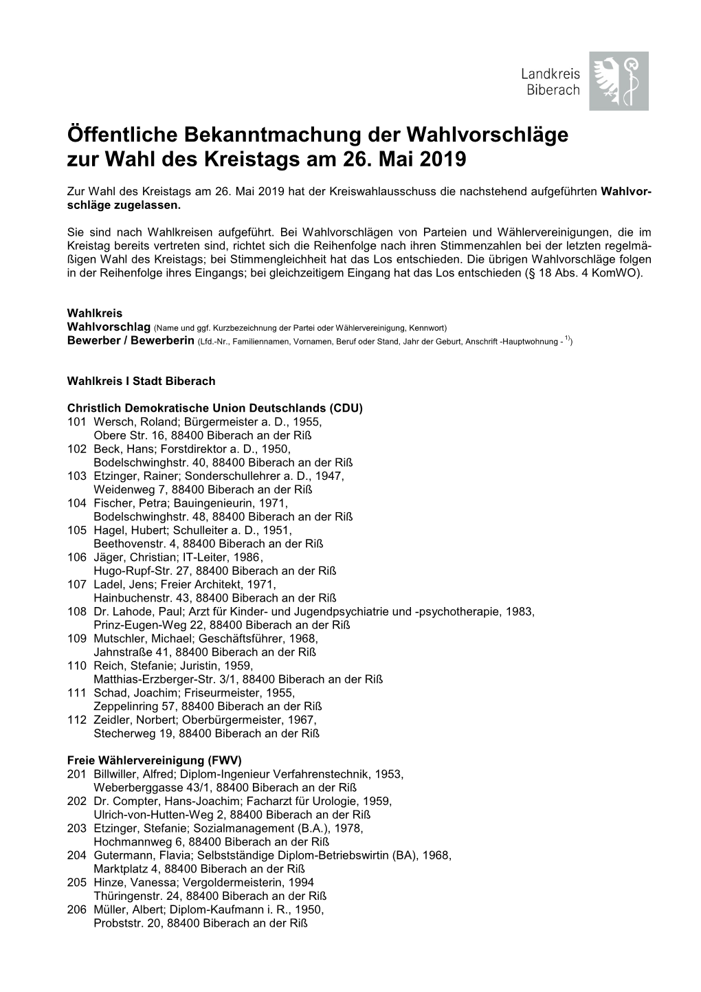 Öffentliche Bekanntmachung Der Wahlvorschläge Zur Wahl Des Kreistags Am 26