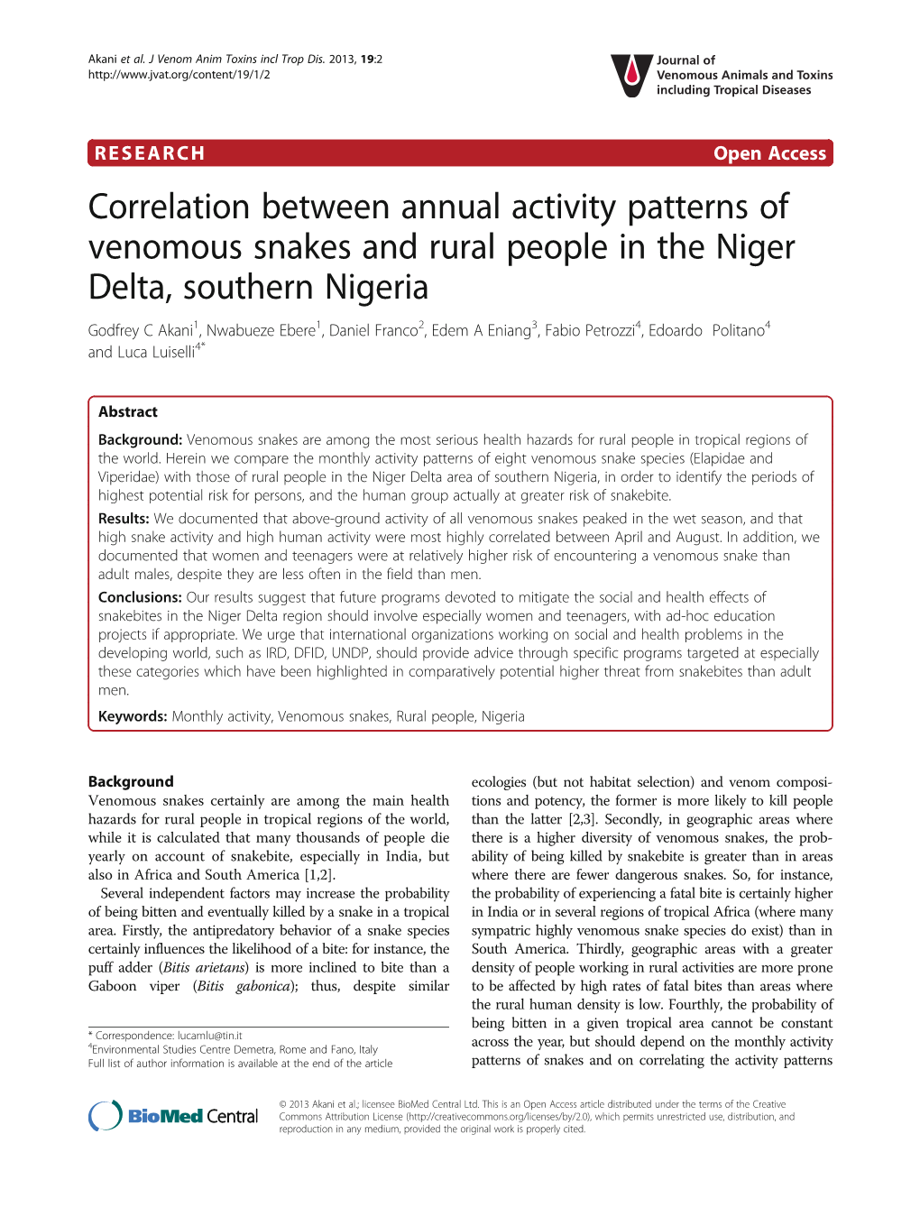 Correlation Between Annual Activity Patterns of Venomous Snakes And