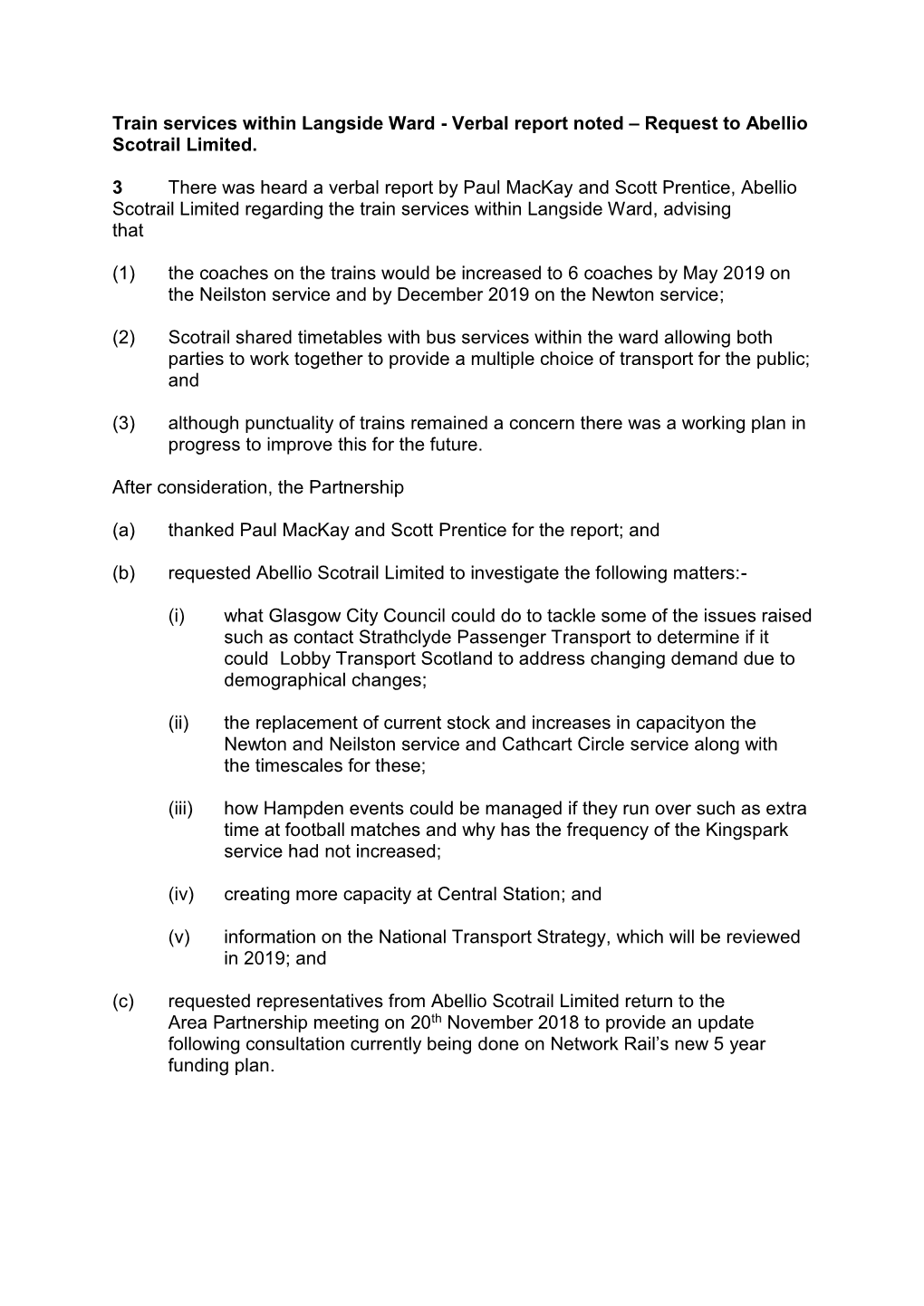 Train Services Within Langside Ward - Verbal Report Noted – Request to Abellio Scotrail Limited