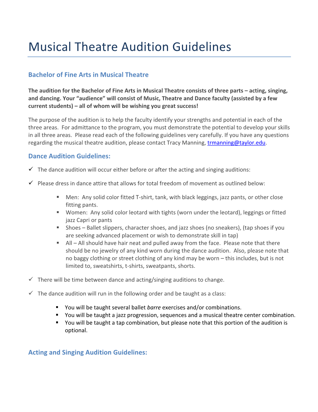 Musical Theatre Audition Guidelines