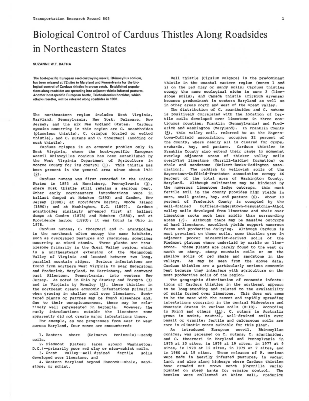 Biological Control of Carduus Thistles Along Roadsides in Northeastern States