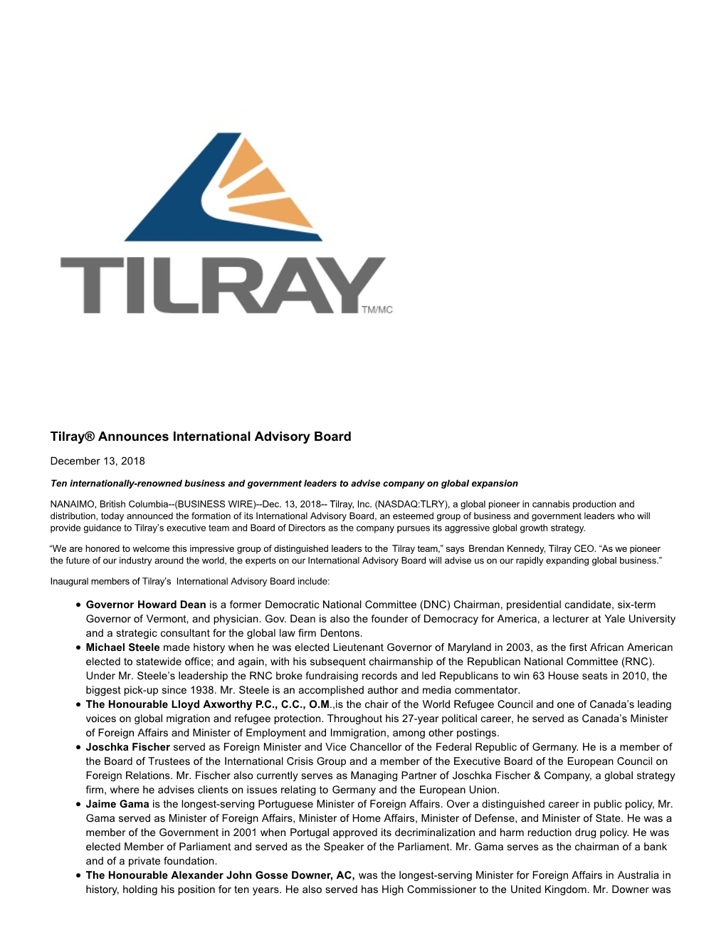 Tilray® Announces International Advisory Board