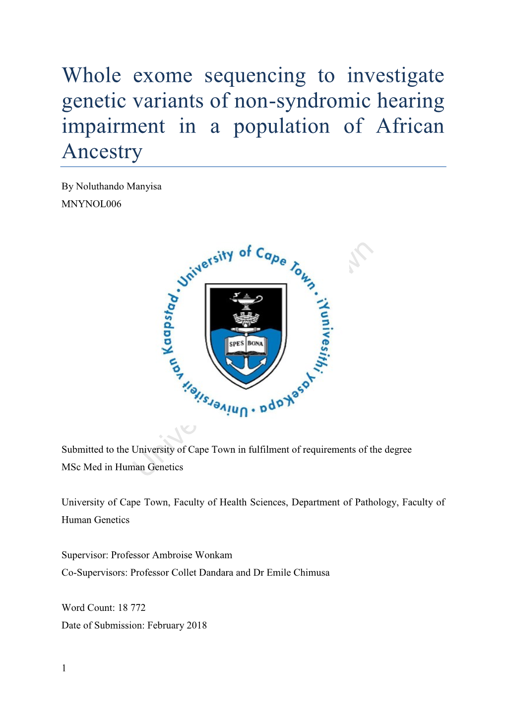 Whole Exome Sequencing to Investigate Genetic Variants of Non-Syndromic Hearing Impairment in a Population of African Ancestry