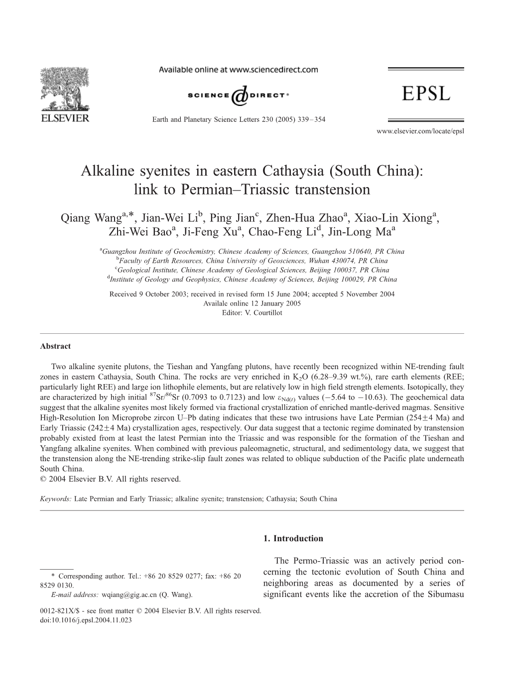 Alkaline Syenites in Eastern Cathaysia (South China): Link to Permian–Triassic Transtension