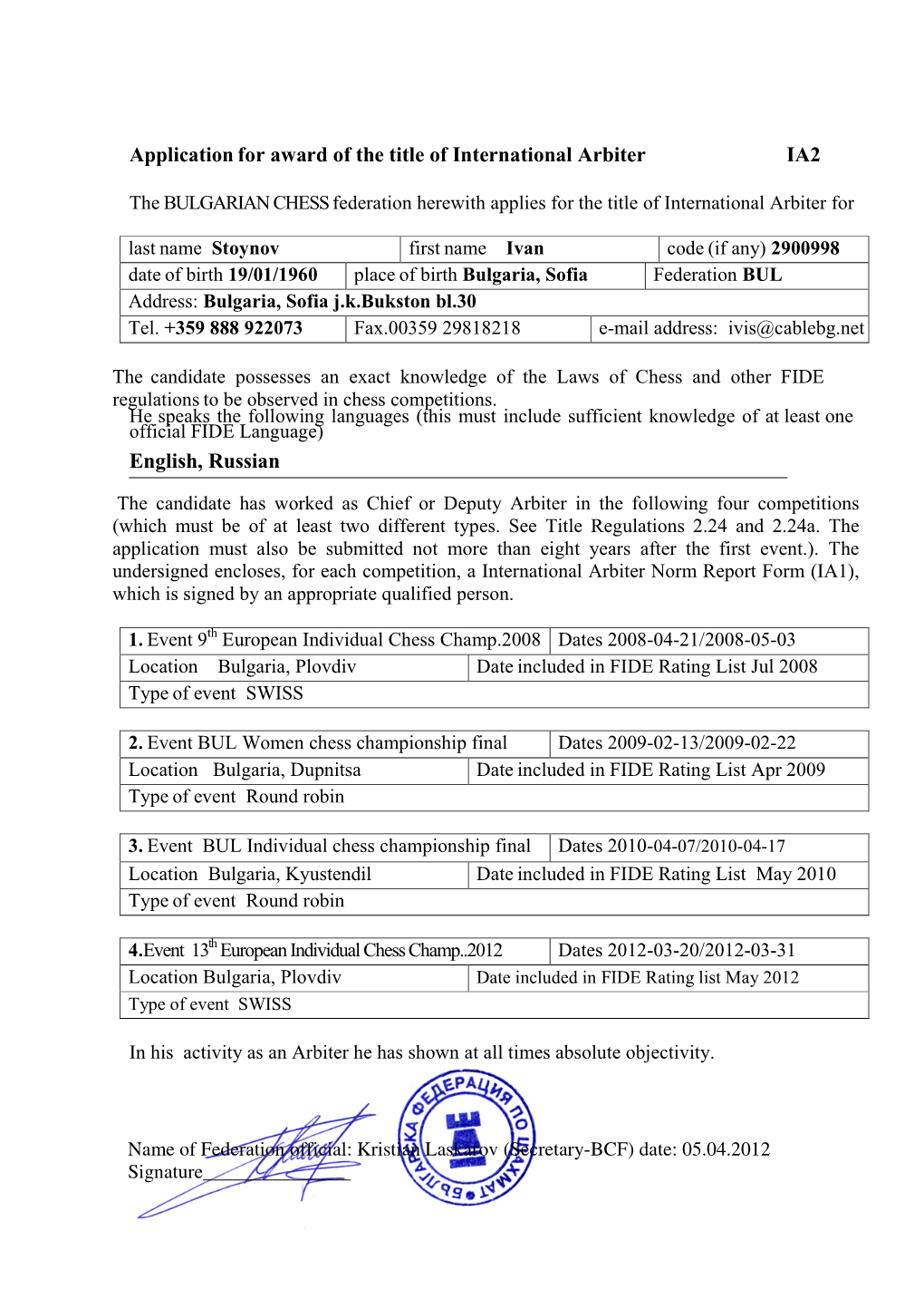 Application for Award of the Title of International Arbiter IA2 English