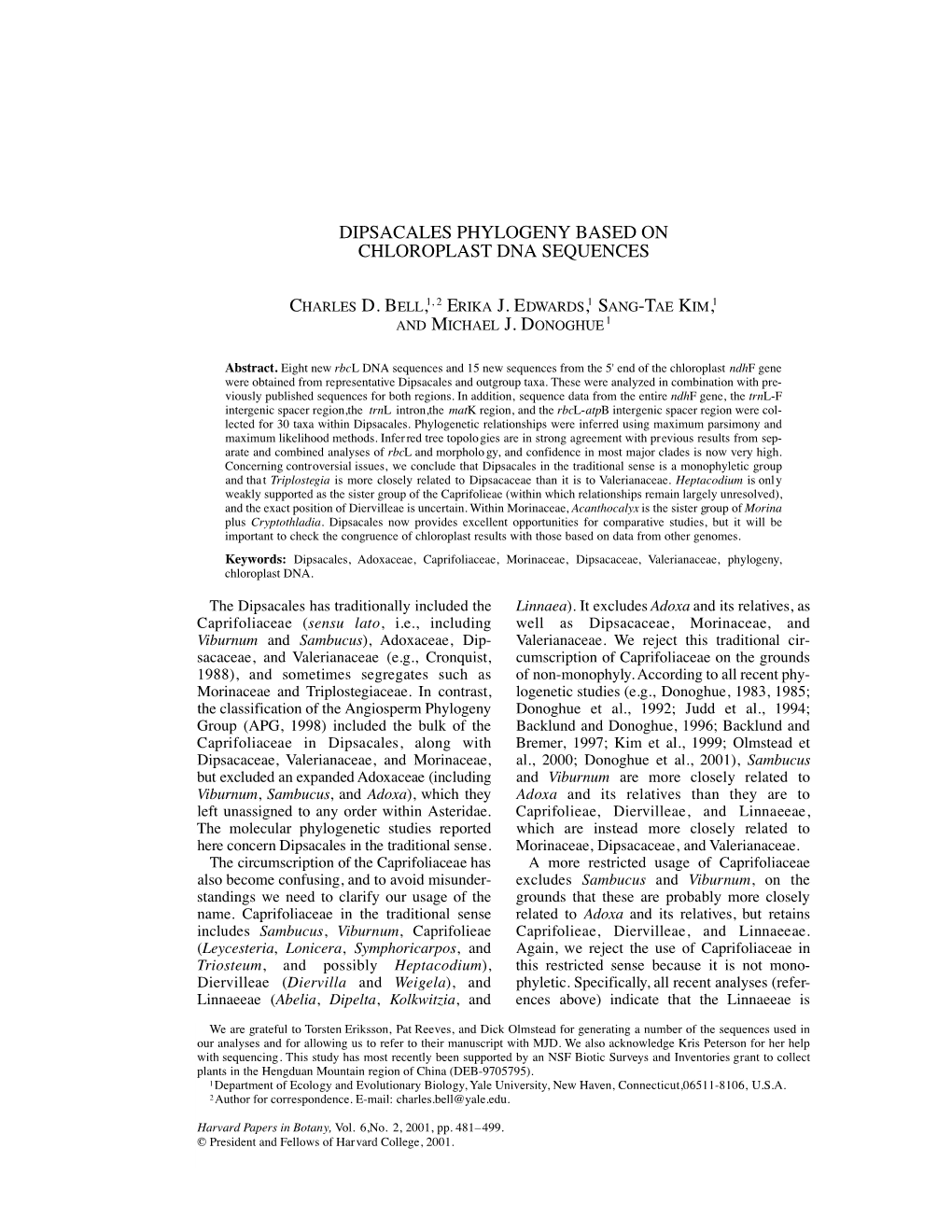 Dipsacales Phylogeny Based on Chloroplast Dna Sequences