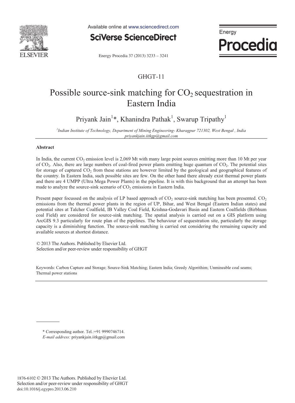 Possible Source-Sink Matching for CO2 Sequestration in Eastern India