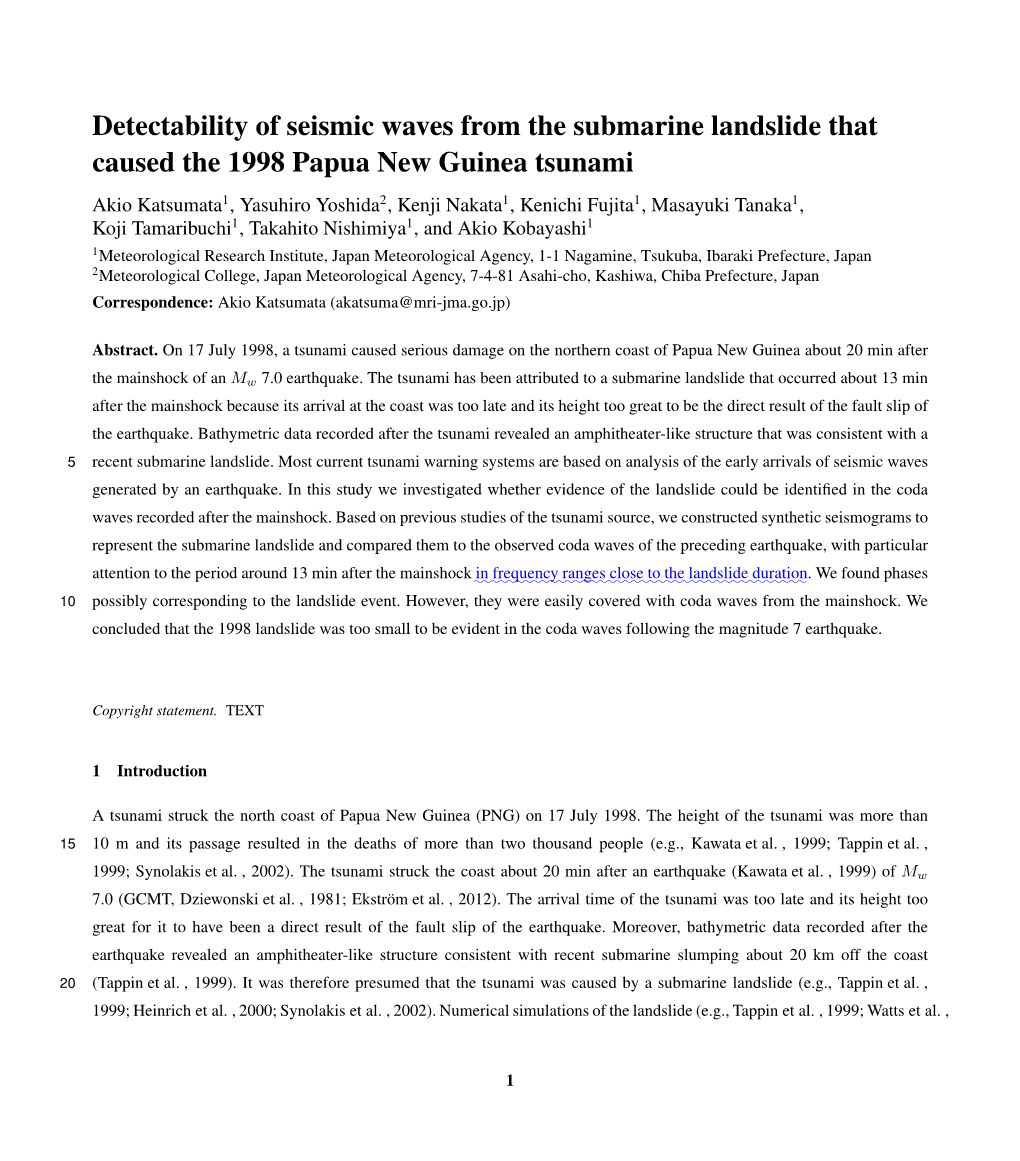 Detectability of Seismic Waves from the Submarine Landslide That Caused the 1998 Papua New Guinea Tsunami