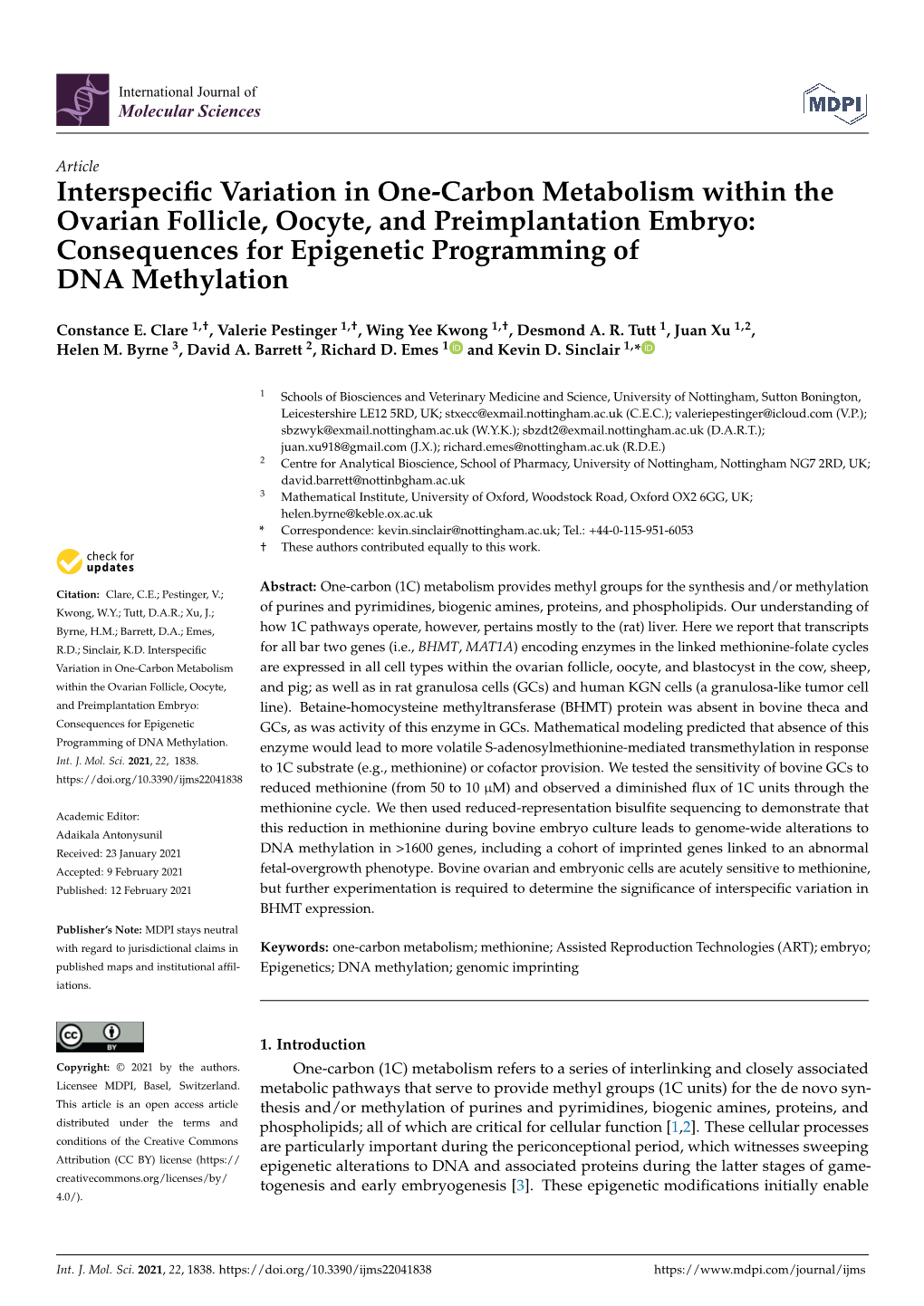 Interspecific Variation in One-Carbon Metabolism Within The