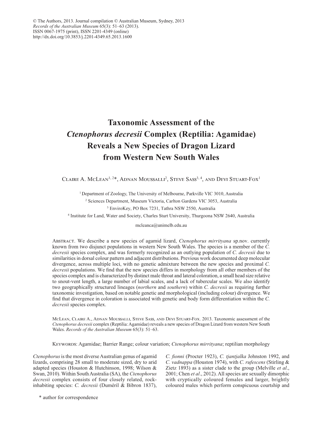 Taxonomic Assessment of the Ctenophorus Decresii Complex (Reptilia: Agamidae) Reveals a New Species of Dragon Lizard from Western New South Wales