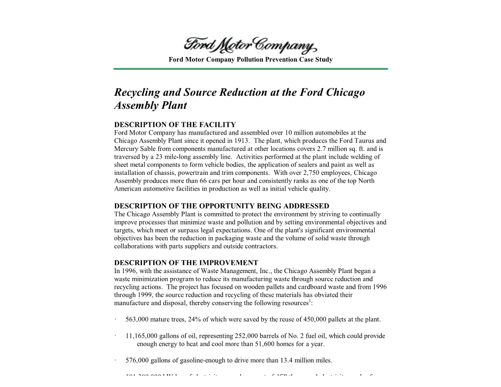 Recycling and Source Reduction at the Ford Chicago Assembly Plant
