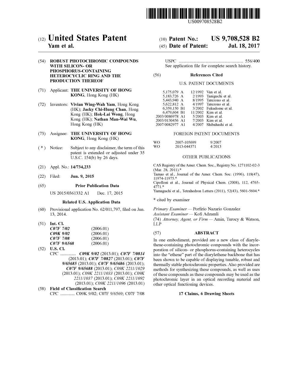 (12) United States Patent (10) Patent No.: US 9,708,528 B2 Yam Et Al