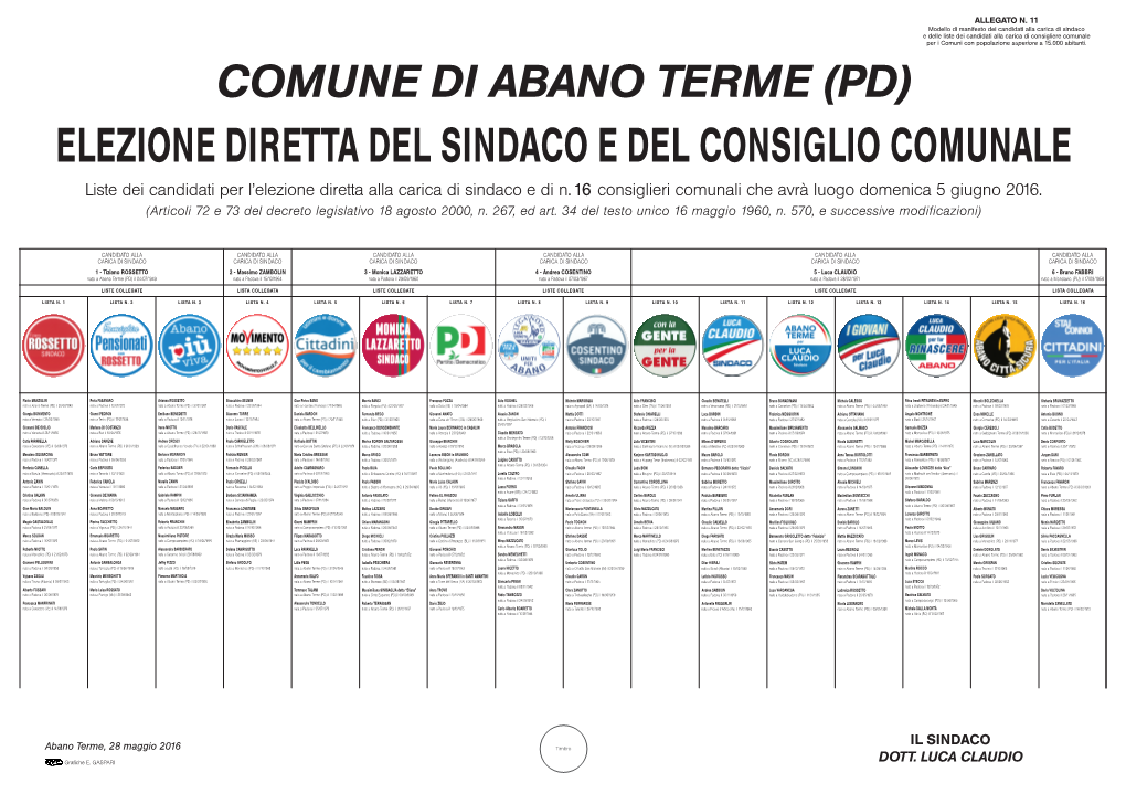 Liste Dei Candidati Per L'elezione Diretta Alla Carica Di Sindaco E Di N