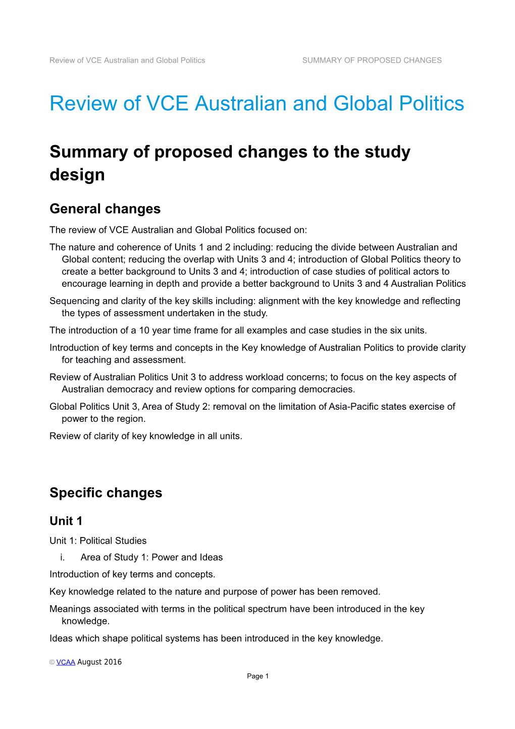 Review of VCE Australian and Global Politics - Summary of Proposed Changes