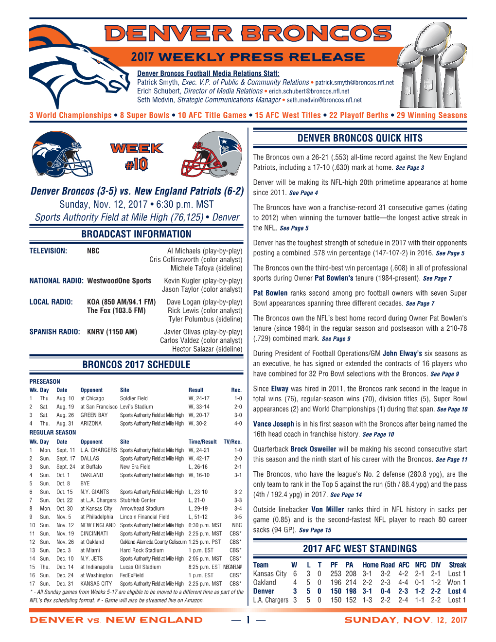 Denver Broncos Weekly Release Packet (Vs. New