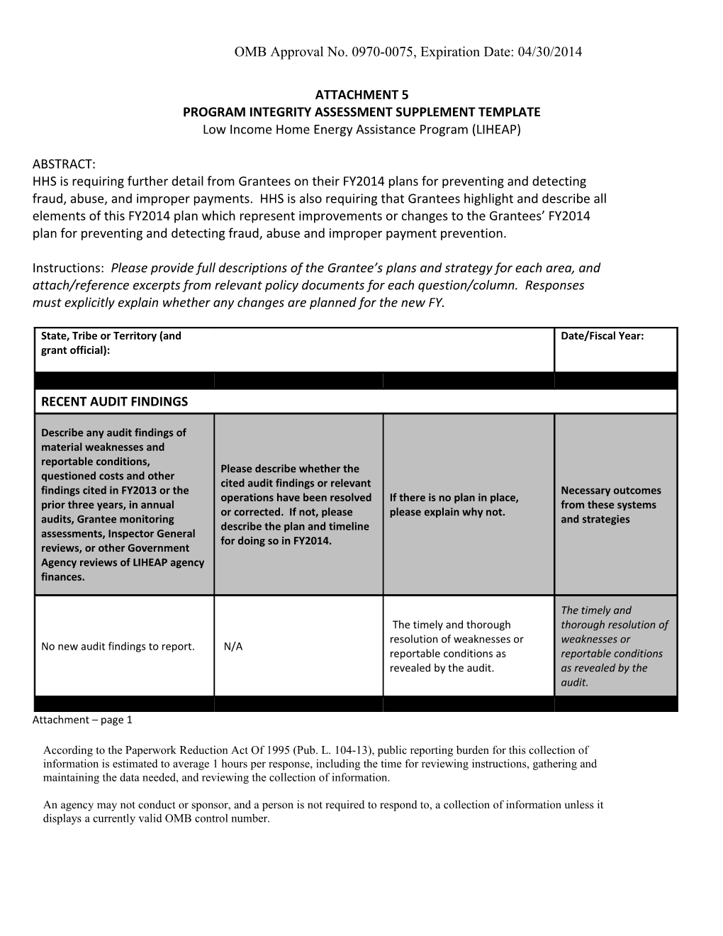 OMB Approval No. 0970-0075, Expiration Date: 04/30/2014