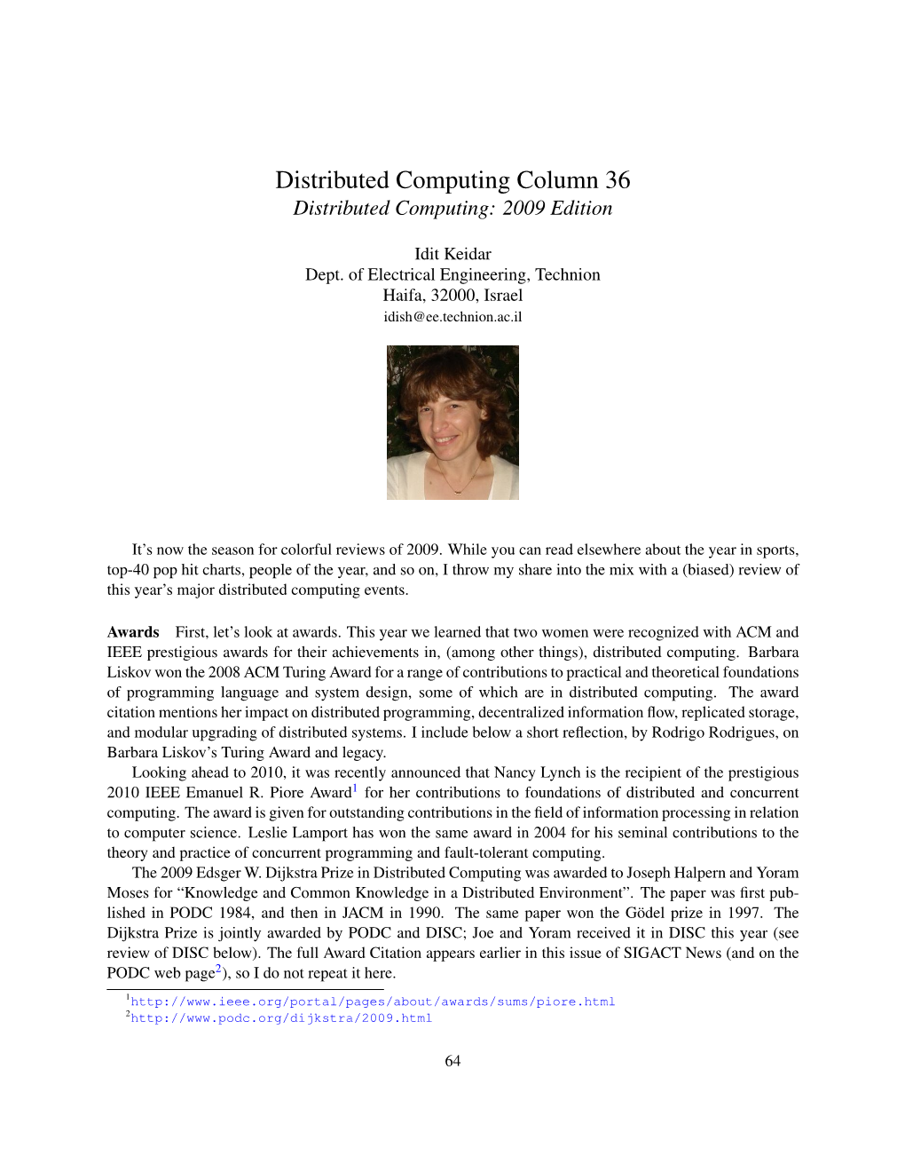 Distributed Computing Column 36 Distributed Computing: 2009 Edition