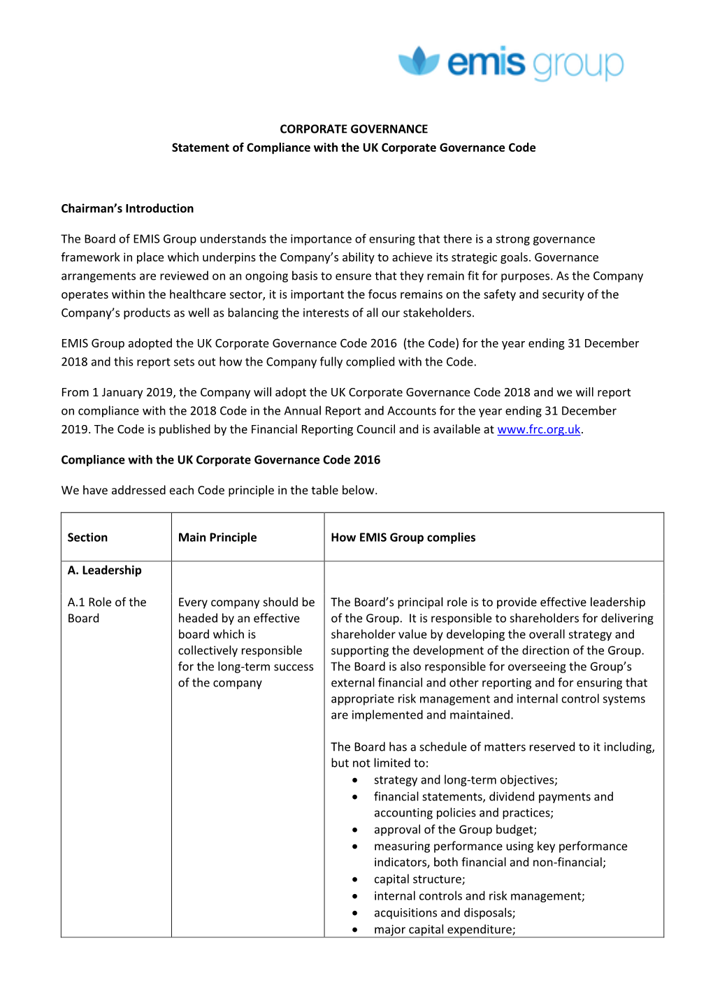 CORPORATE GOVERNANCE Statement of Compliance with the UK Corporate Governance Code