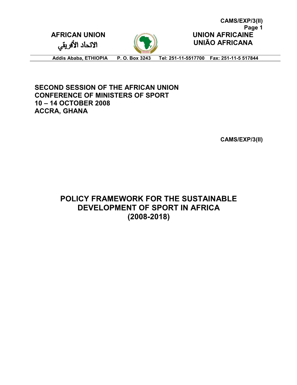 Draft Framework for Sport Policy in Africa
