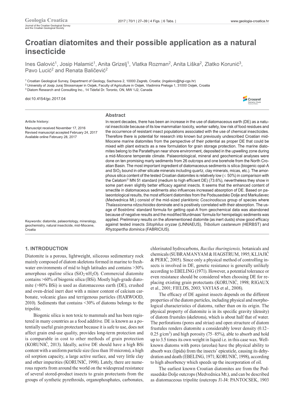 Croatian Diatomites and Their Possible Application As a Natural Insecticide