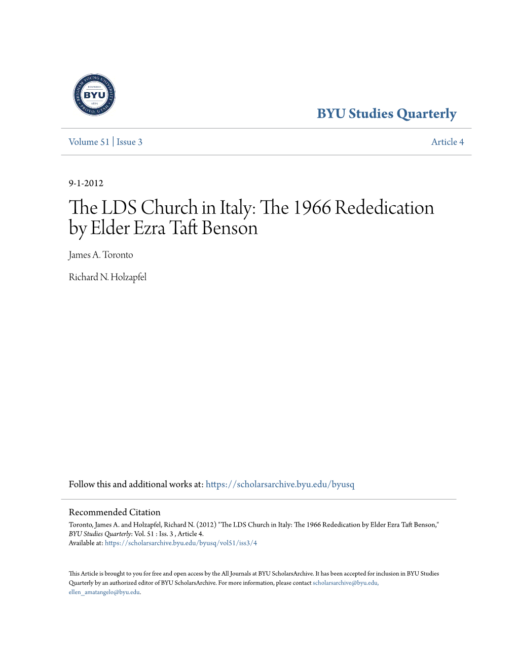 The LDS Church in Italy: the 1966 Rededication by Elder Ezra Taft Benson,