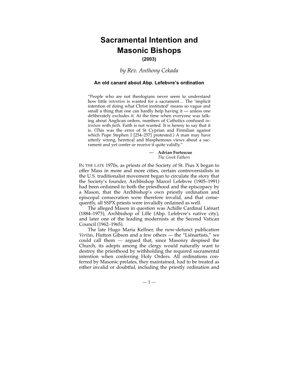 Sacramental Intention and Masonic Bishops (2003)