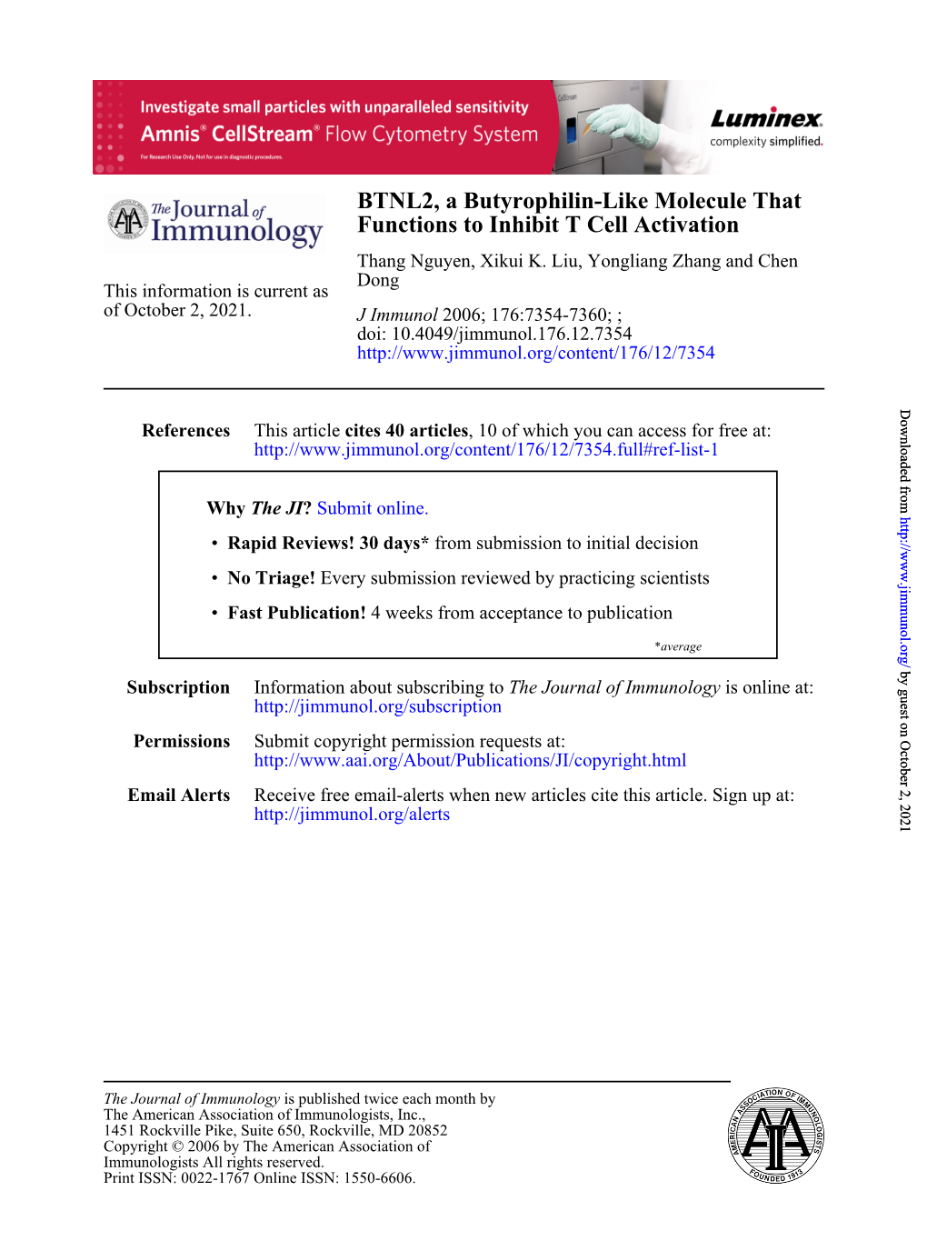 Functions to Inhibit T Cell Activation BTNL2, a Butyrophilin-Like