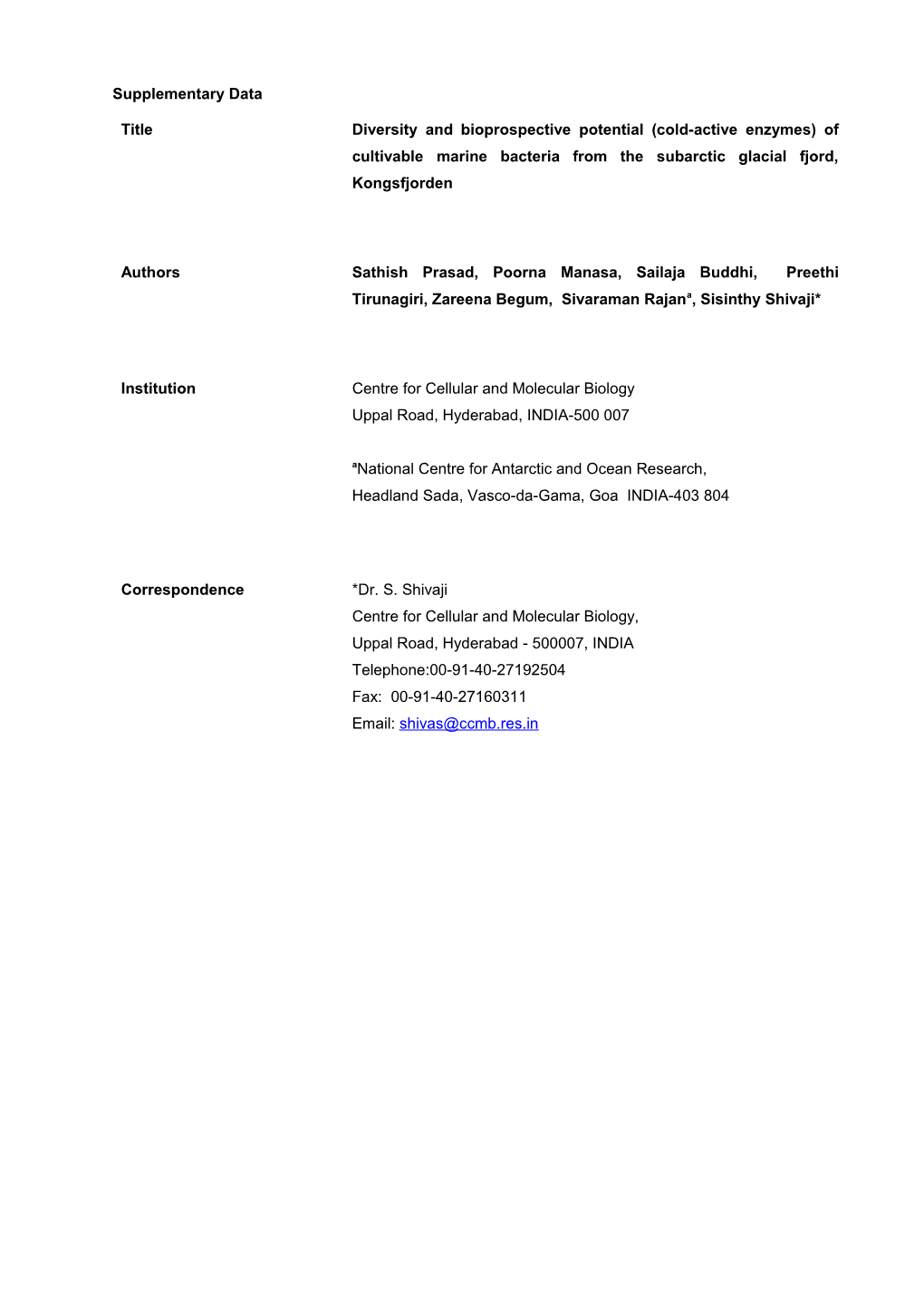 Table S1. Kongsfjorden Water and Sediment Sample Details