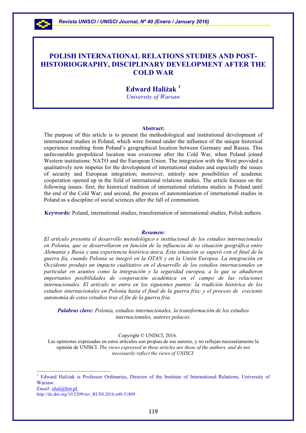 Polish International Relations Studies and Post- Historiography, Disciplinary Development After the Cold War