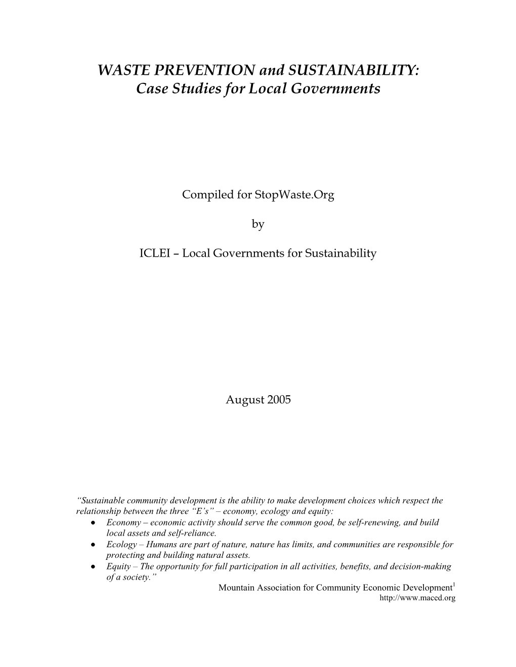 WASTE PREVENTION and SUSTAINABILITY: Case Studies for Local Governments