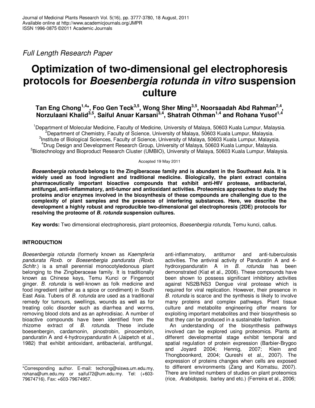 Optimization of Two-Dimensional Gel Electrophoresis Protocols for Boesenbergia Rotunda in Vitro Suspension Culture
