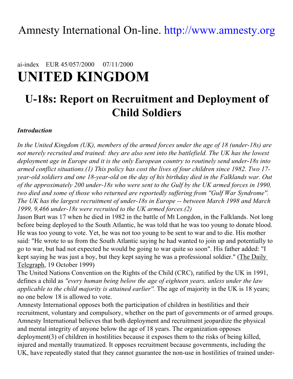 UNITED KINGDOM U-18S: Report on Recruitment and Deployment of Child Soldiers