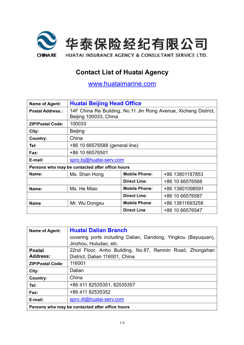 Contact List of Huatai Agency