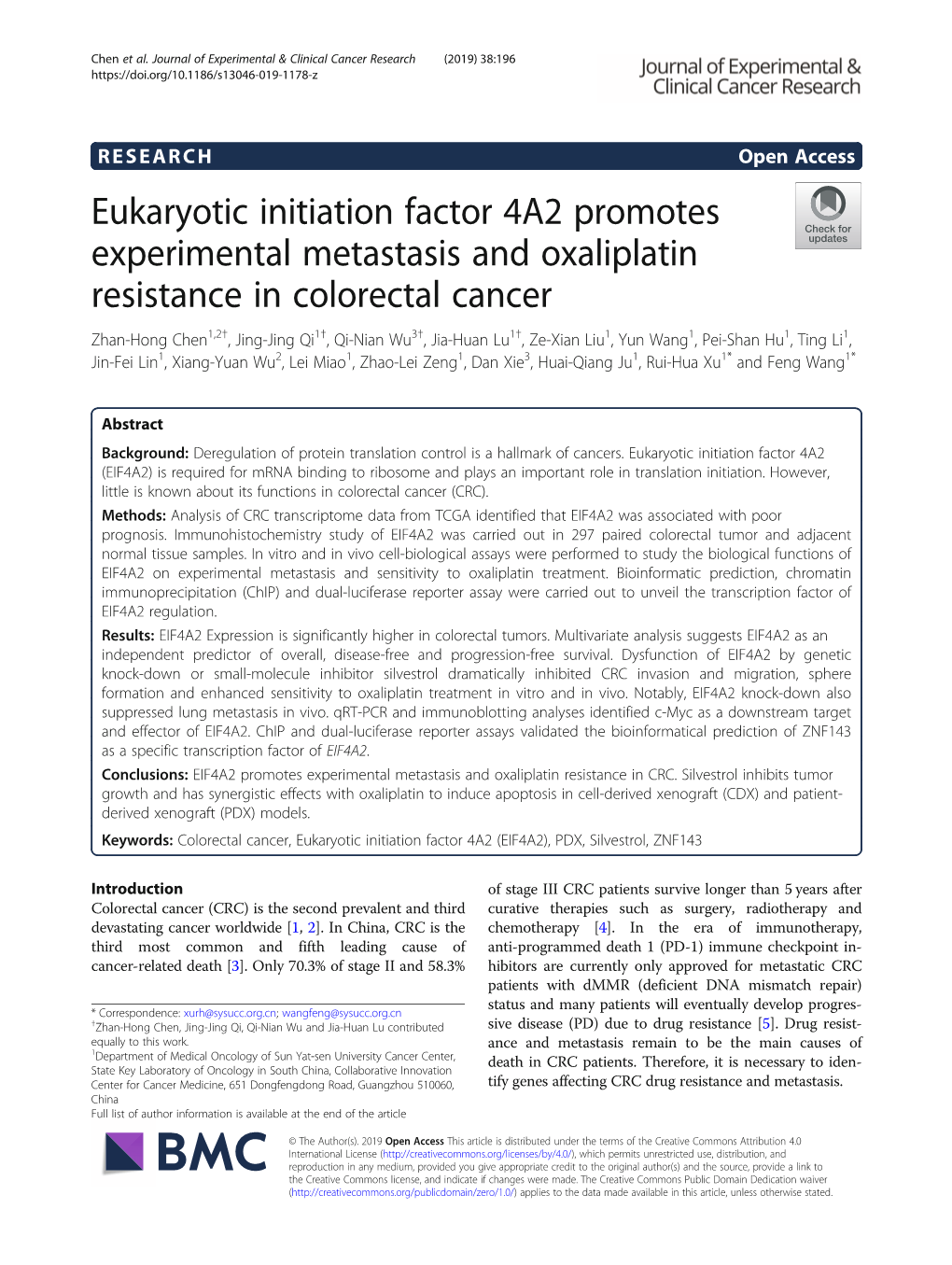 Eukaryotic Initiation Factor 4A2 Promotes Experimental Metastasis