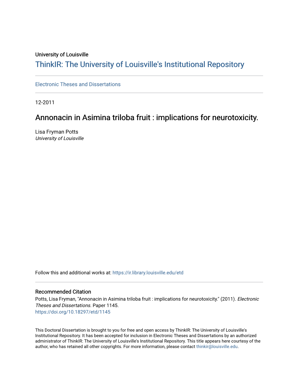 Annonacin in Asimina Triloba Fruit : Implications for Neurotoxicity