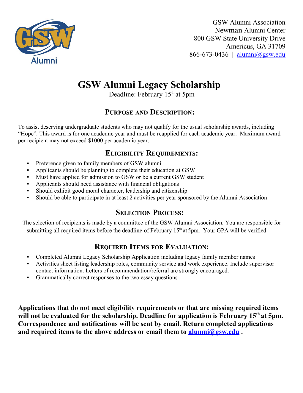 GSW Alumni Legacy Scholarship