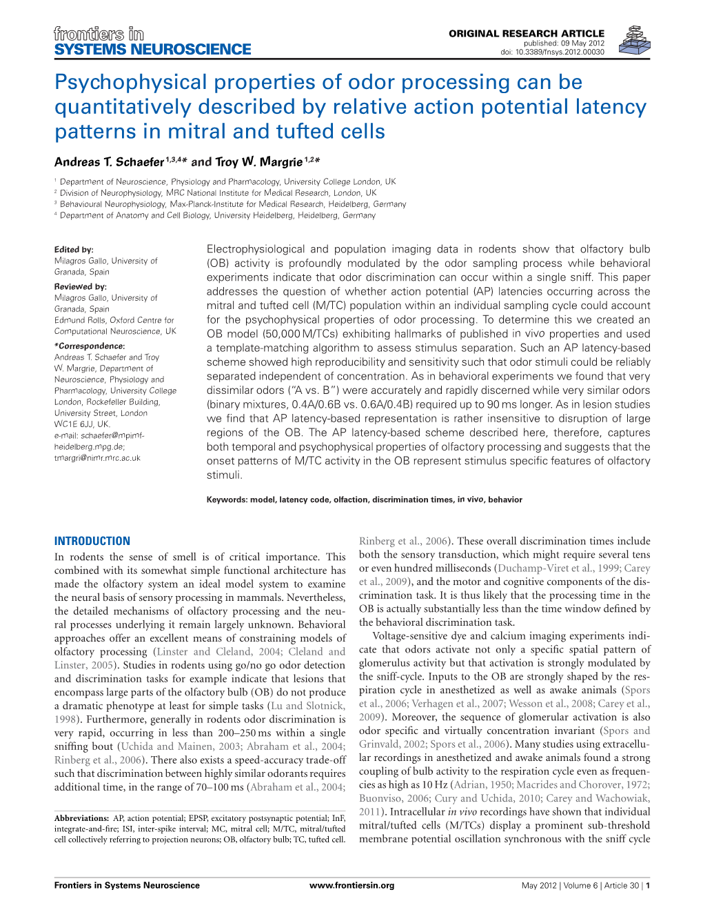 Psychophysical Properties of Odor Processing Can Be Quantitatively Described by Relative Action Potential Latency Patterns in Mitral and Tufted Cells