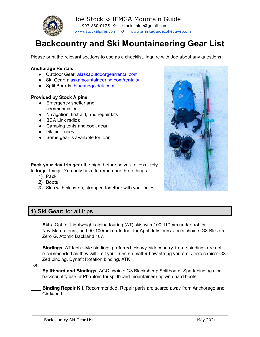 Backcountry and Ski Mountaineering Gear List