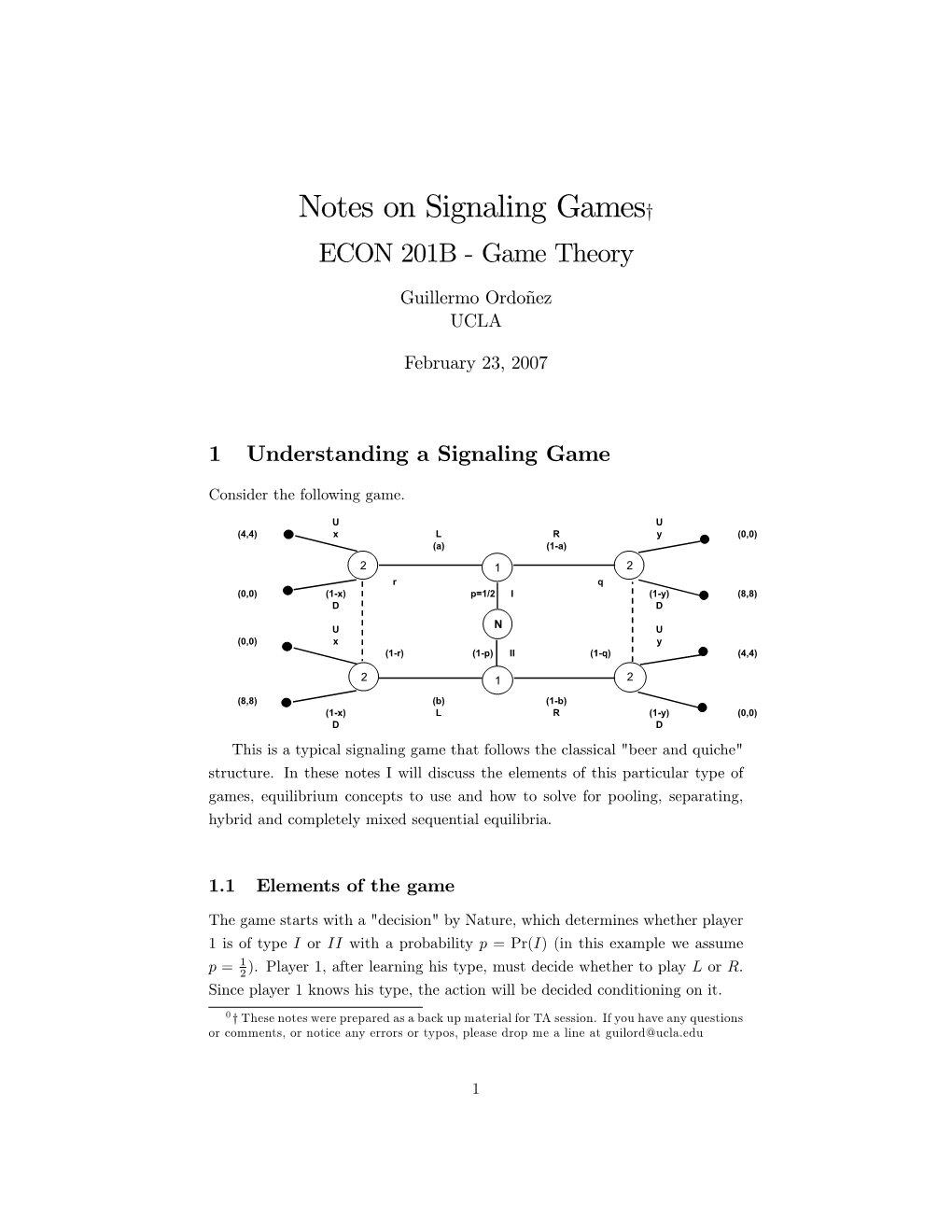 Signaling Games Y ECON 201B - Game Theory