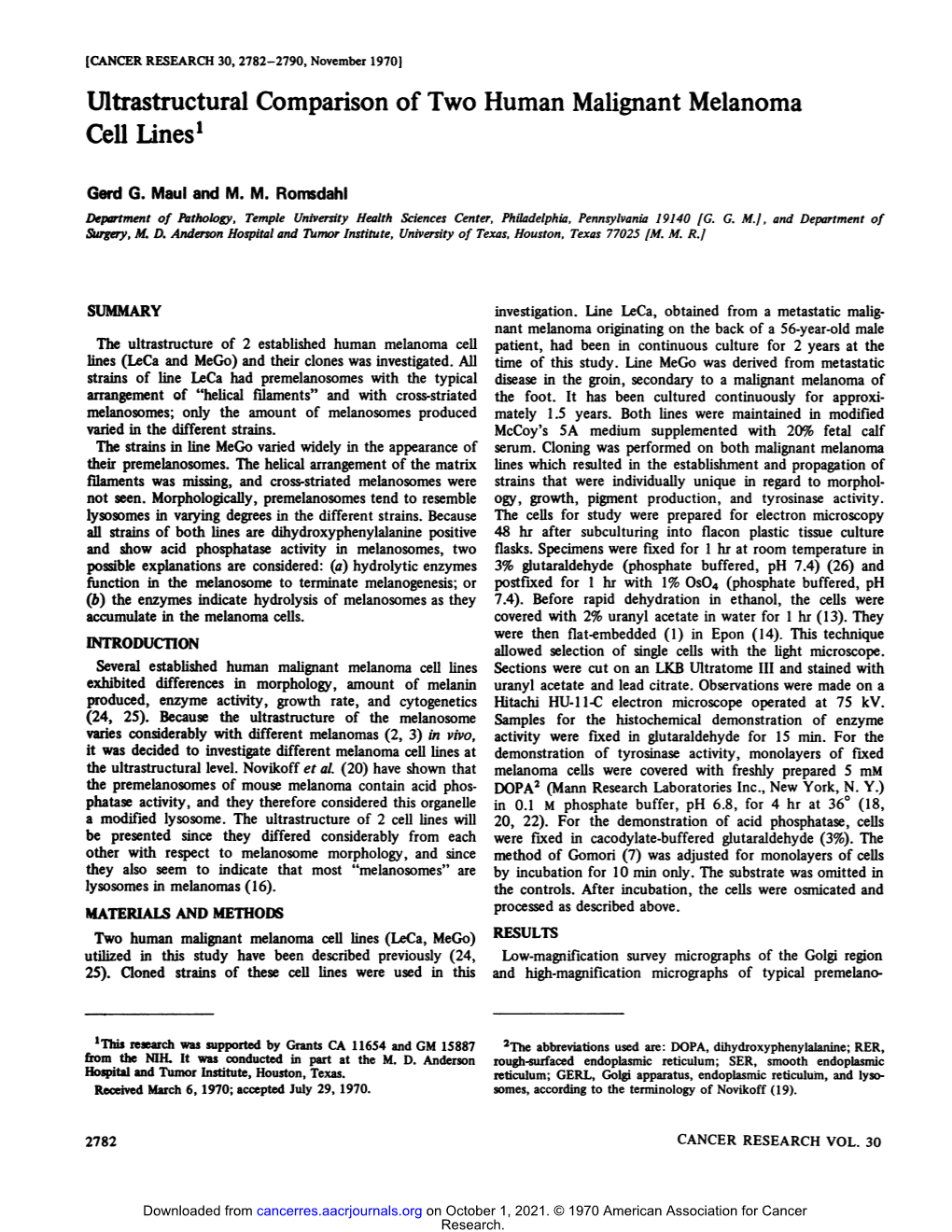 Ultrastructural Comparison of Two Human Malignant Melanoma Cell Lines1