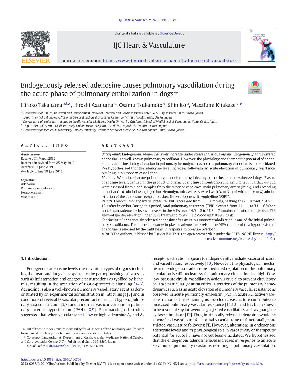 Endogenously Released Adenosine Causes Pulmonary Vasodilation During the Acute Phase of Pulmonary Embolization in Dogs☆