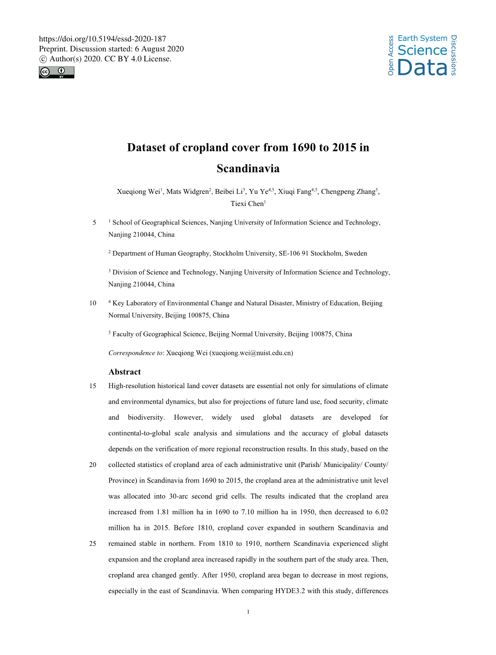 Dataset of 1 Km Cropland Cover from 1690 to 1999 in Scandinavia