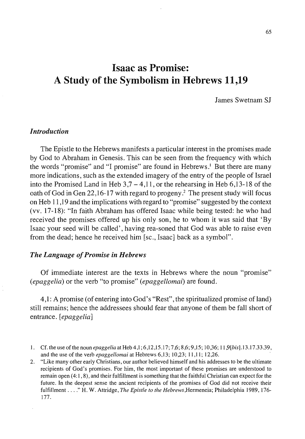 Isaac As Promise: a Study of the Symbolism in Hebrews 11,19