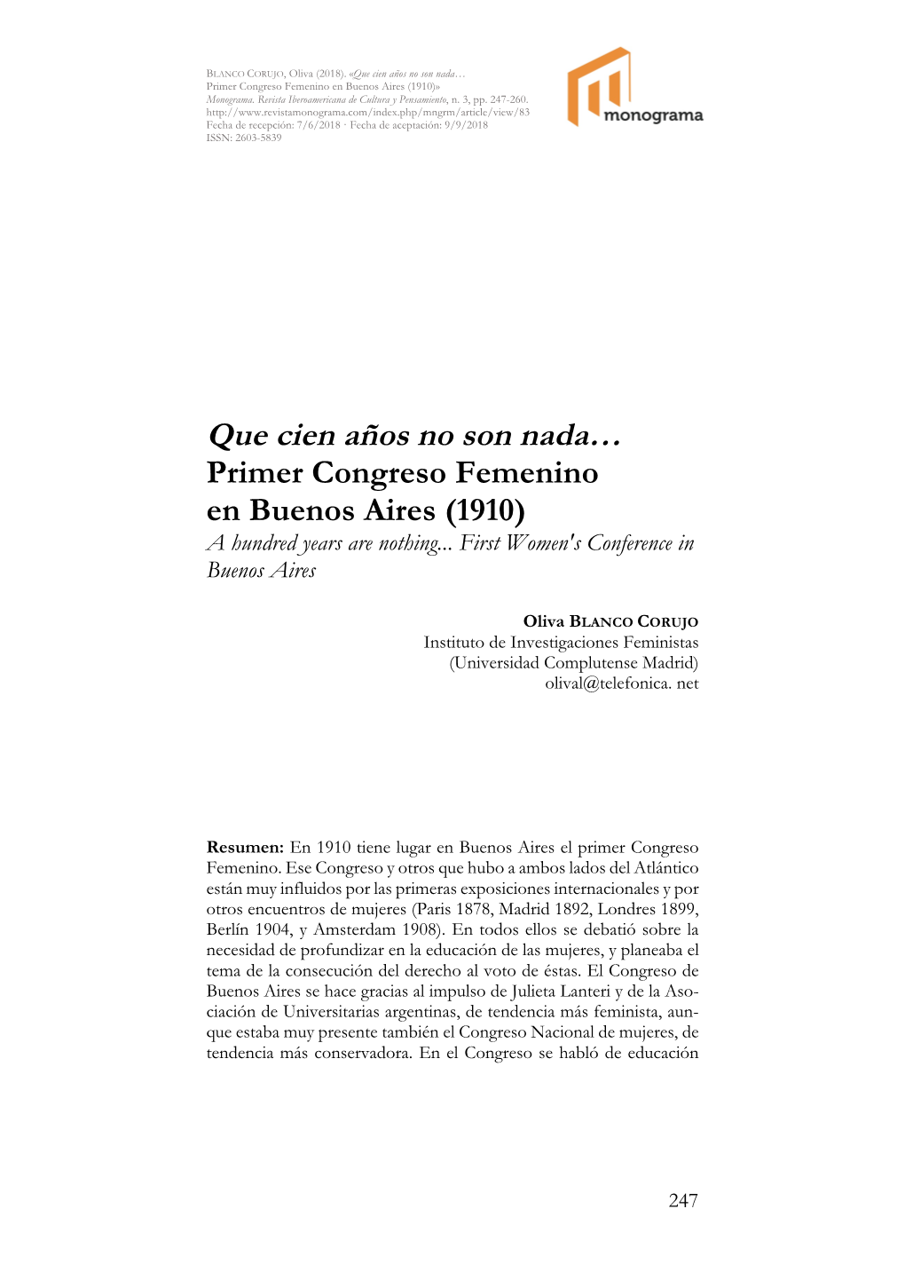 Que Cien Años No Son Nada… Primer Congreso Femenino En Buenos Aires (1910)» Monograma