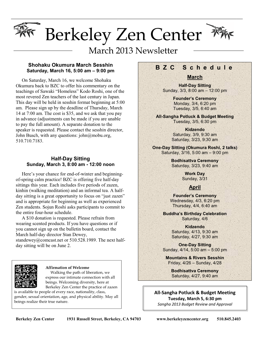 Berkeley Zen Center March 2013 Newsletter