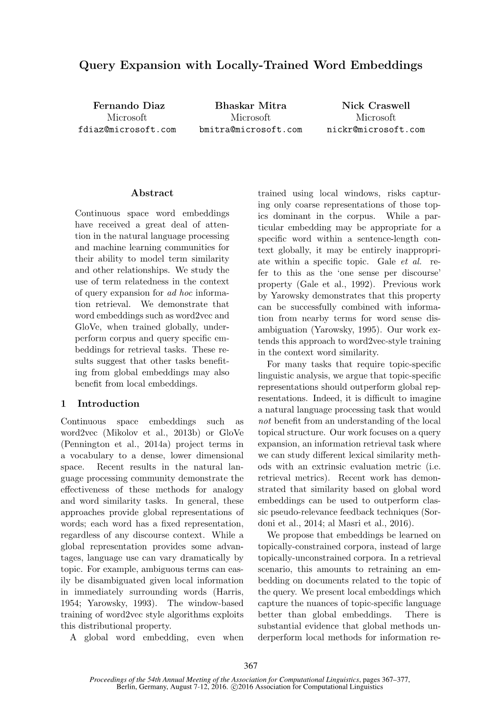 Query Expansion with Locally-Trained Word Embeddings